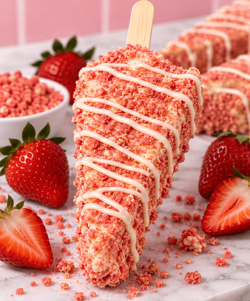 Strawberry dipped cheesecake on a stick from The Frosted Sip