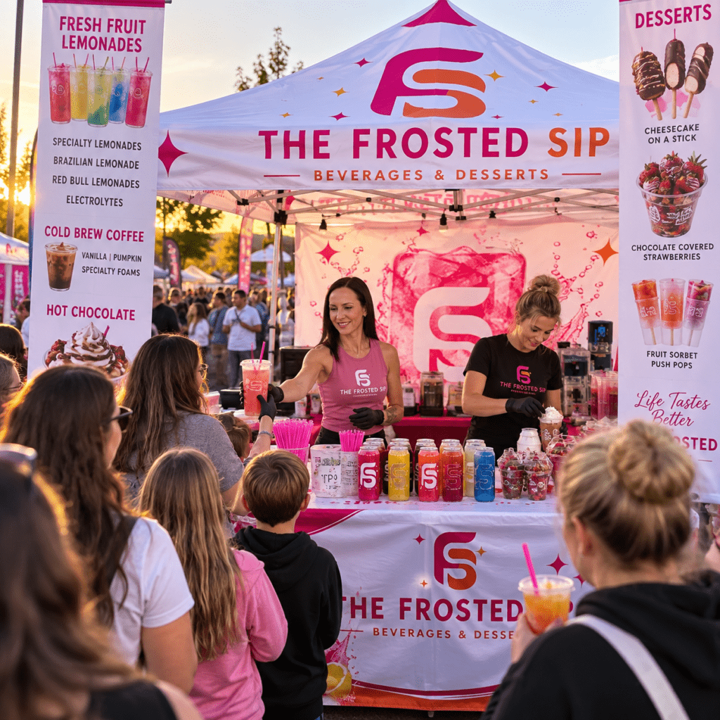 The Frosted Sip specialty beverage and dessert vendor serving fresh fruit lemonade, cold brew coffee and desserts at a busy Utah event